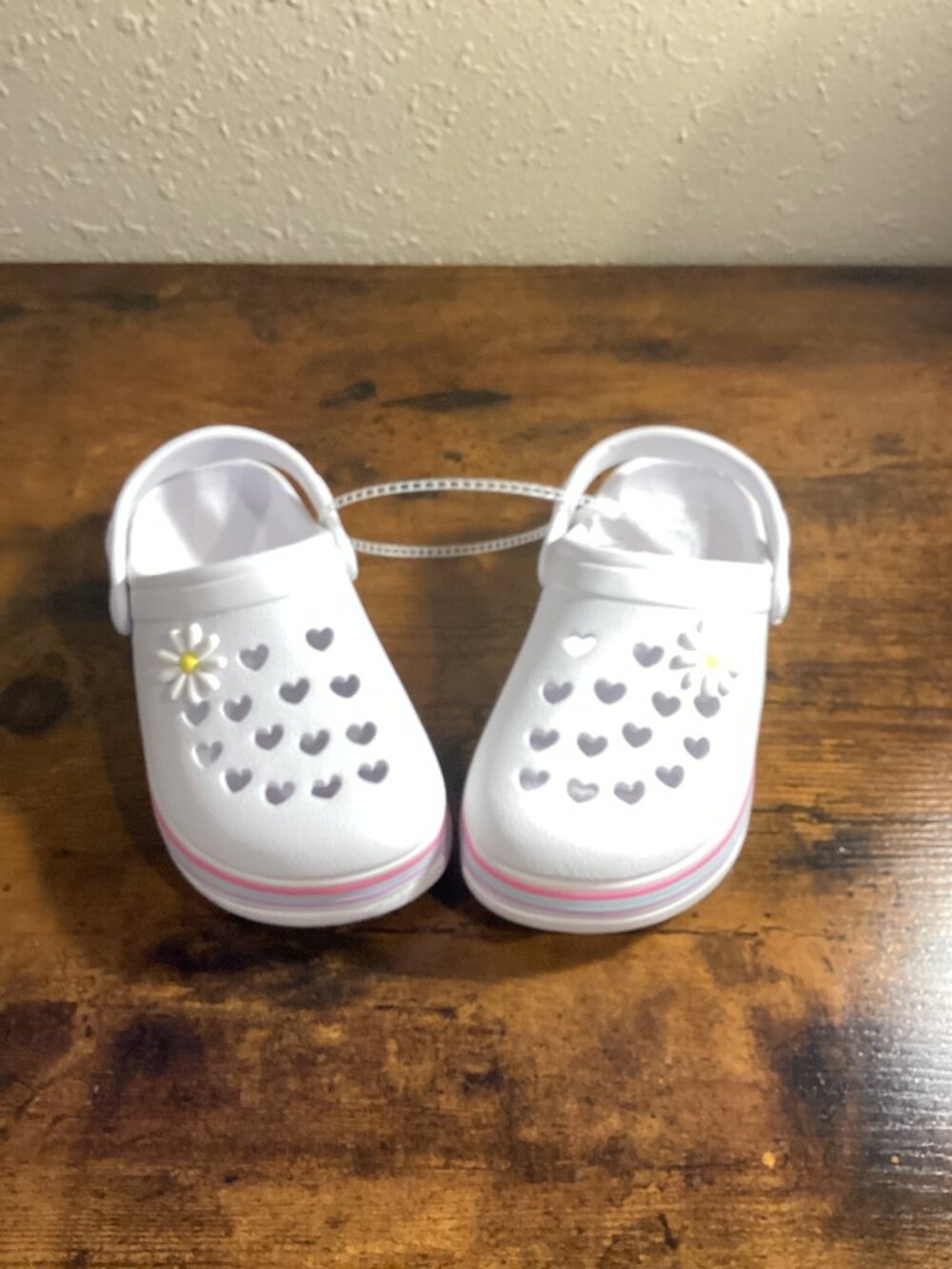 Girls White Heart Cutout Clogs with Daisy Charms & Pastel Stripe Sole